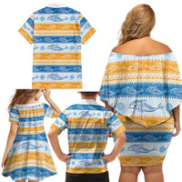Anguilla Dolphins Pattern Family Matching Off Shoulder Short Dress and Hawaiian Shirt Orange And Blue
