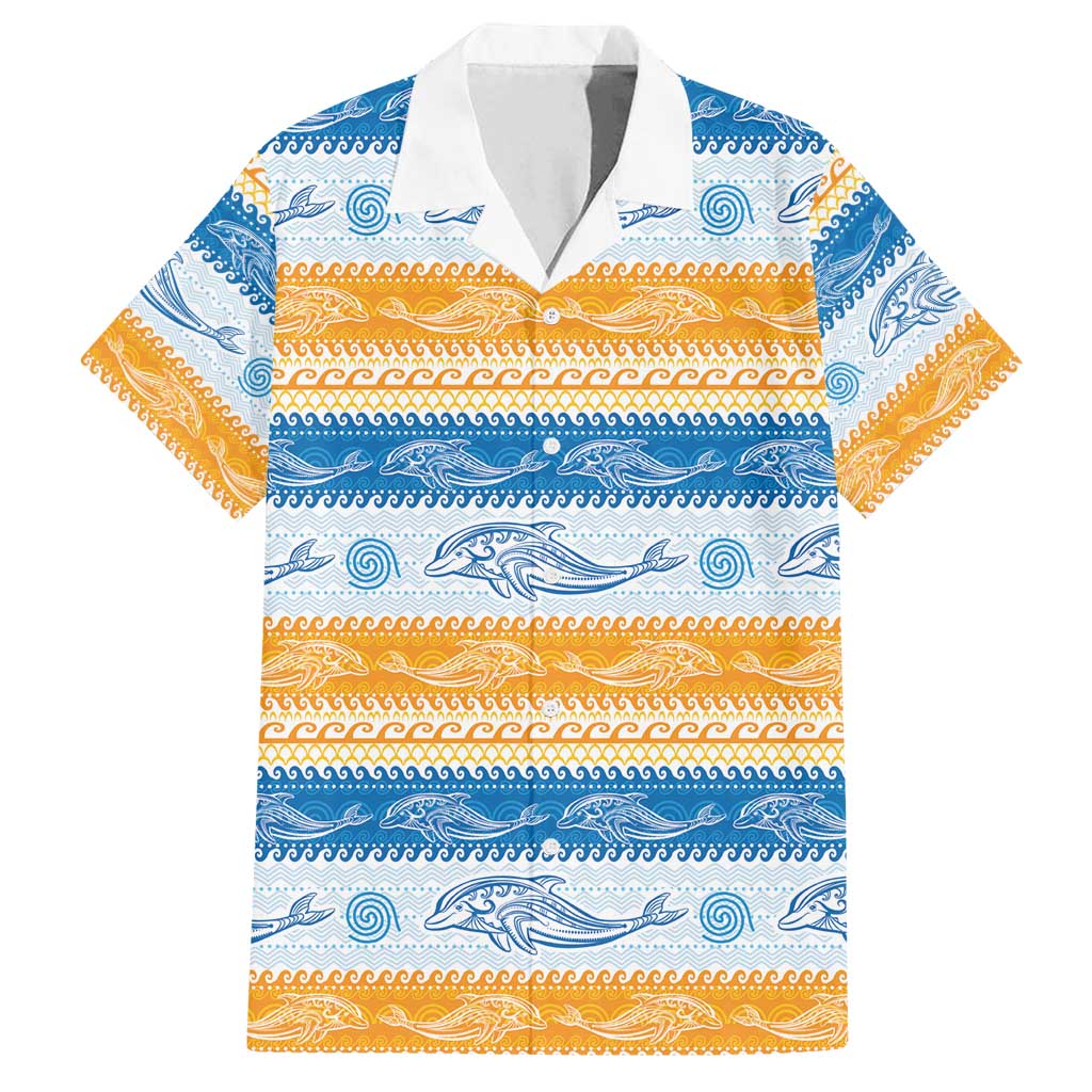 Anguilla Dolphins Pattern Family Matching Off Shoulder Short Dress and Hawaiian Shirt Orange And Blue