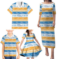 Anguilla Dolphins Pattern Family Matching Puletasi and Hawaiian Shirt Orange And Blue