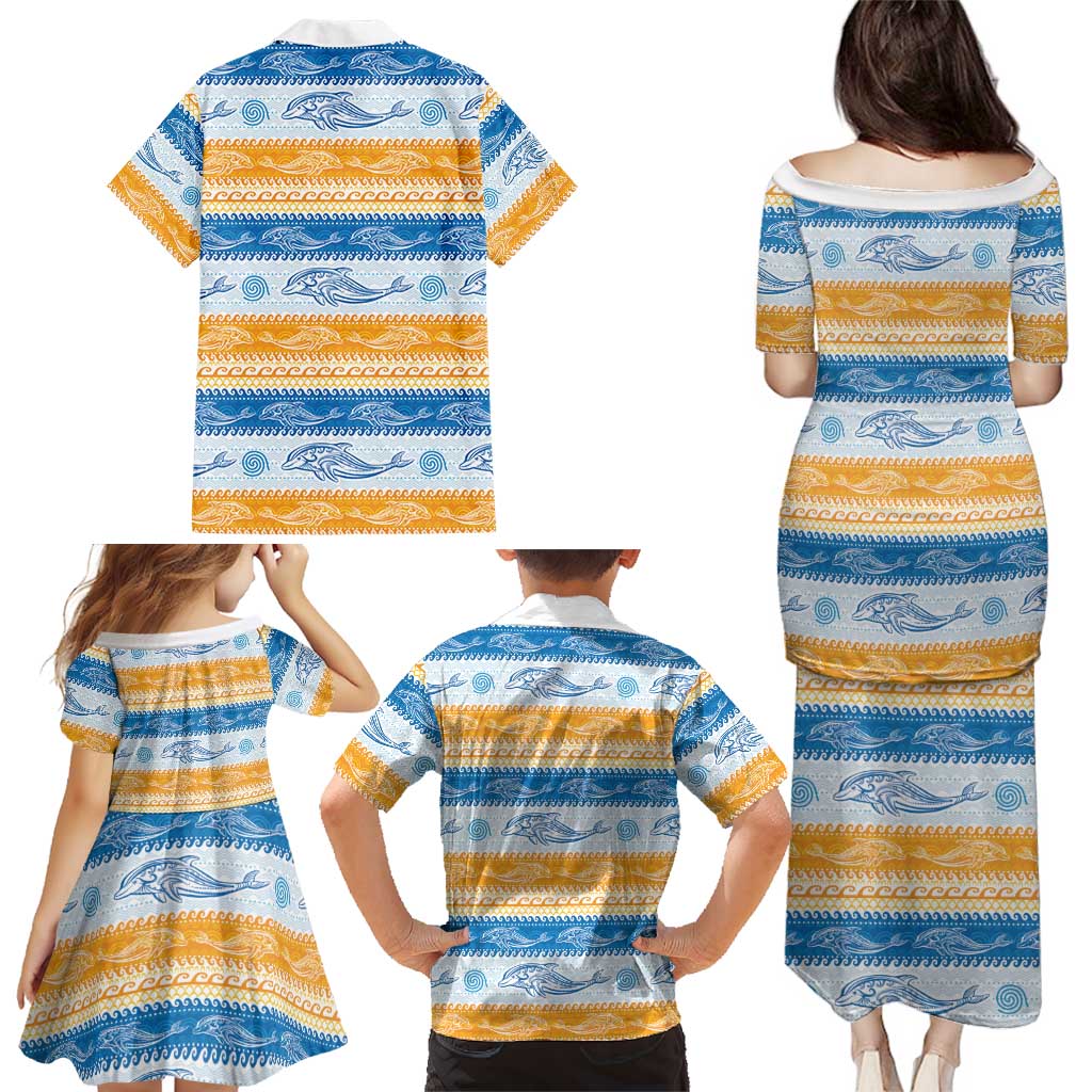 Anguilla Dolphins Pattern Family Matching Puletasi and Hawaiian Shirt Orange And Blue