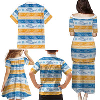 Anguilla Dolphins Pattern Family Matching Puletasi and Hawaiian Shirt Orange And Blue