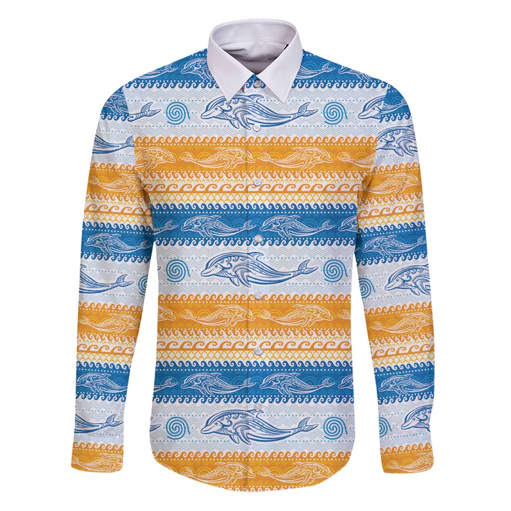 Anguilla Dolphins Pattern Family Matching Puletasi and Hawaiian Shirt Orange And Blue