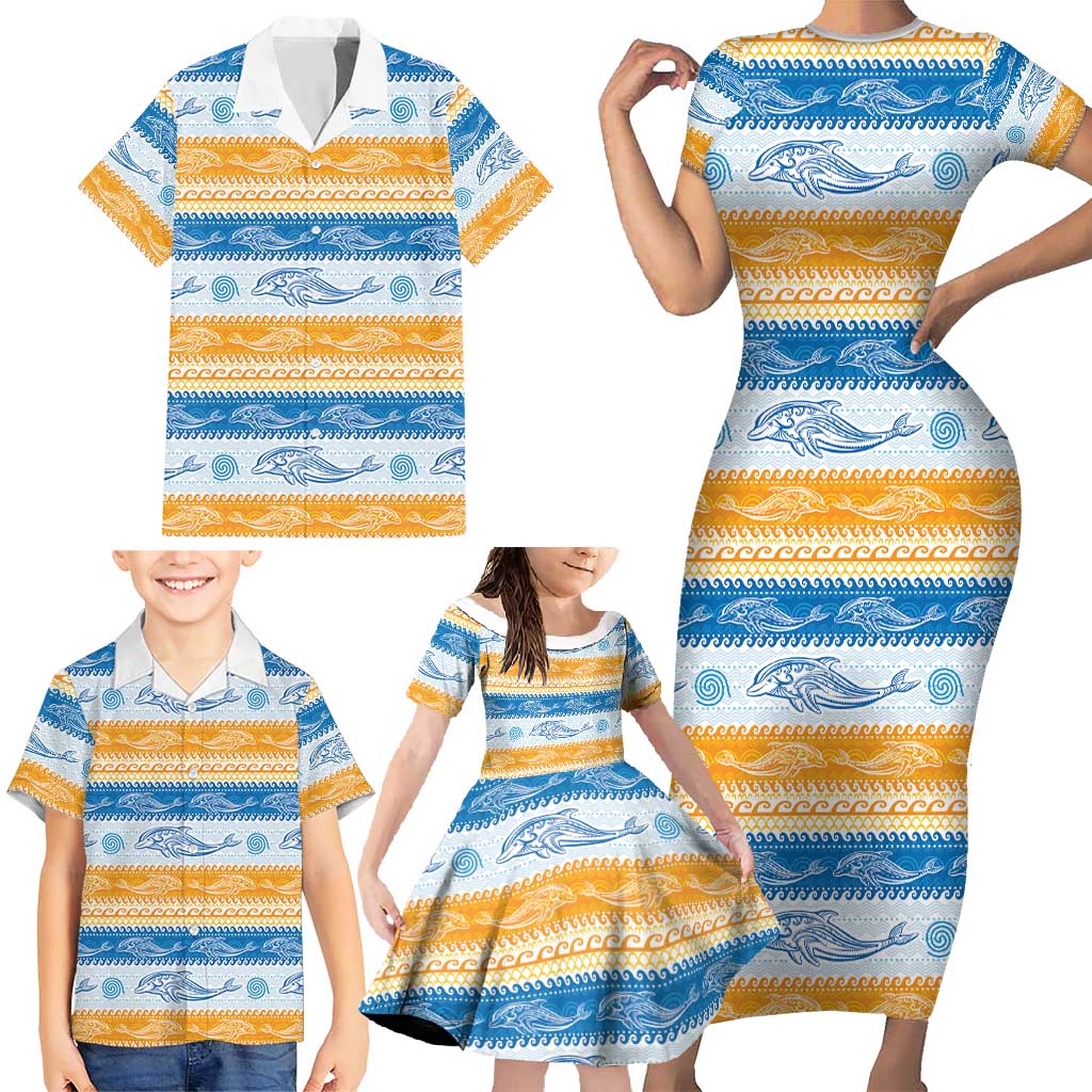 Anguilla Dolphins Pattern Family Matching Short Sleeve Bodycon Dress and Hawaiian Shirt Orange And Blue