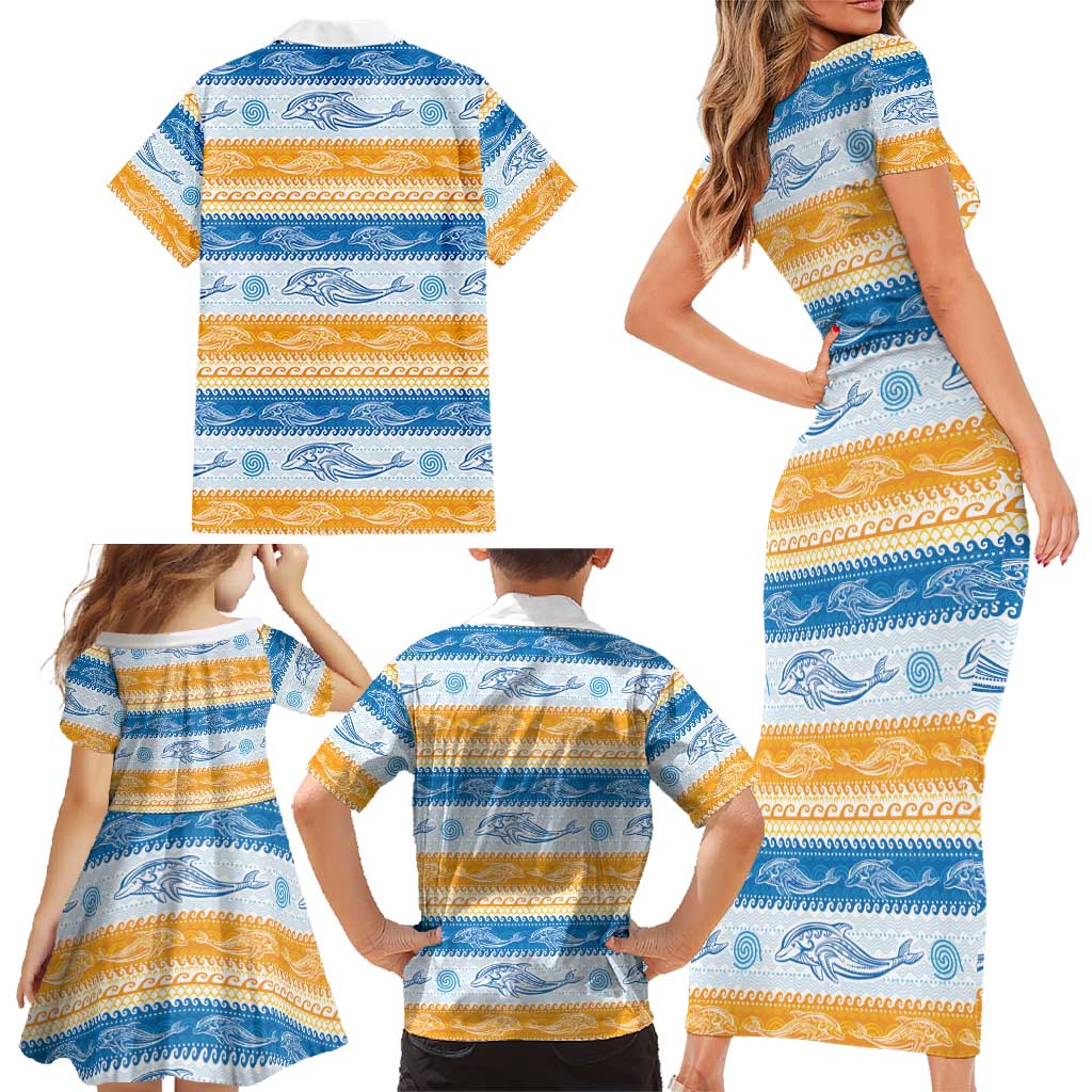 Anguilla Dolphins Pattern Family Matching Short Sleeve Bodycon Dress and Hawaiian Shirt Orange And Blue
