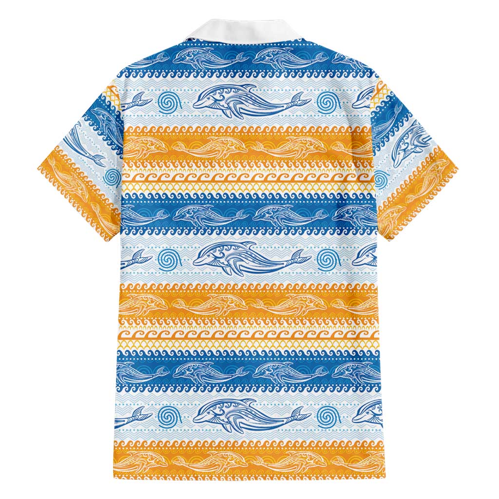 Anguilla Dolphins Pattern Family Matching Short Sleeve Bodycon Dress and Hawaiian Shirt Orange And Blue