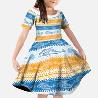Anguilla Dolphins Pattern Family Matching Summer Maxi Dress and Hawaiian Shirt Orange And Blue