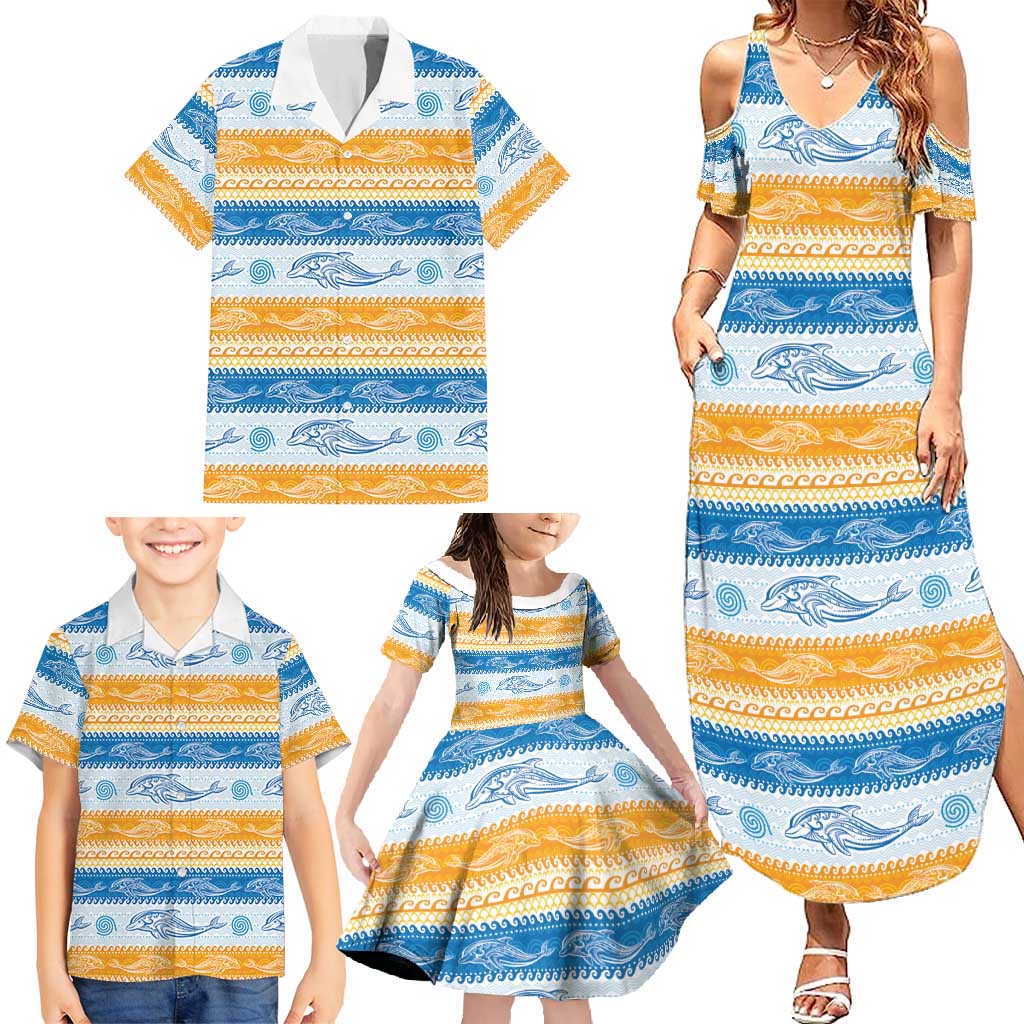 Anguilla Dolphins Pattern Family Matching Summer Maxi Dress and Hawaiian Shirt Orange And Blue