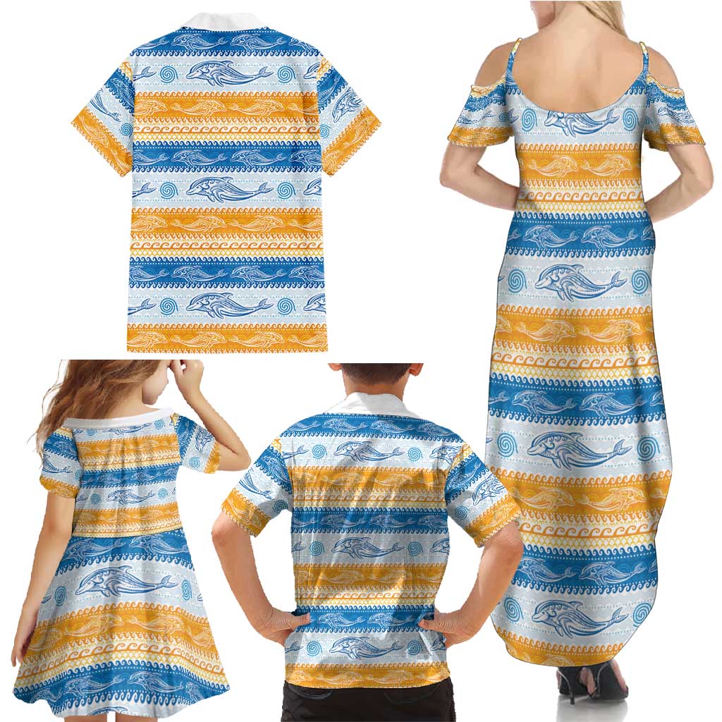 Anguilla Dolphins Pattern Family Matching Summer Maxi Dress and Hawaiian Shirt Orange And Blue