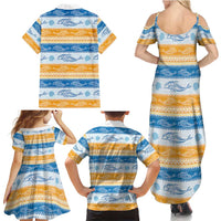 Anguilla Dolphins Pattern Family Matching Summer Maxi Dress and Hawaiian Shirt Orange And Blue