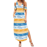 Anguilla Dolphins Pattern Family Matching Summer Maxi Dress and Hawaiian Shirt Orange And Blue