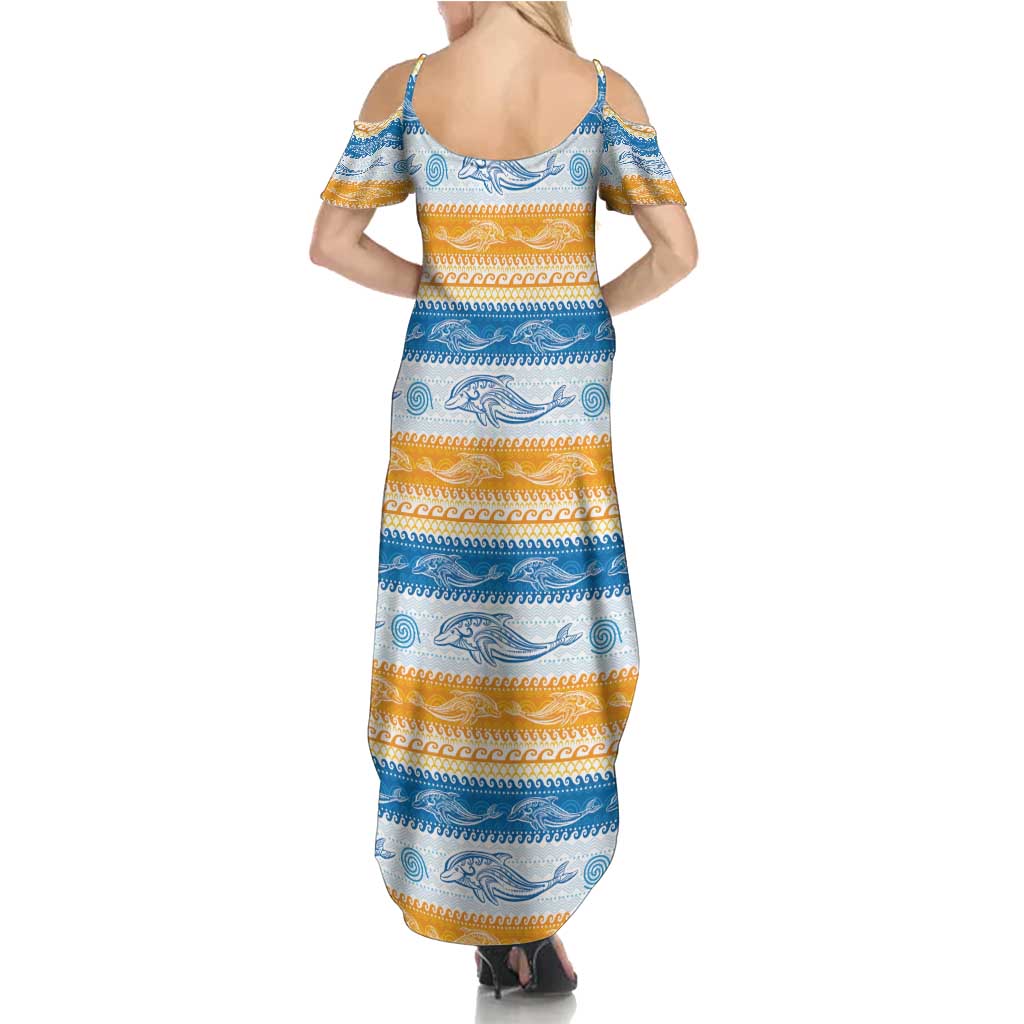 Anguilla Dolphins Pattern Family Matching Summer Maxi Dress and Hawaiian Shirt Orange And Blue