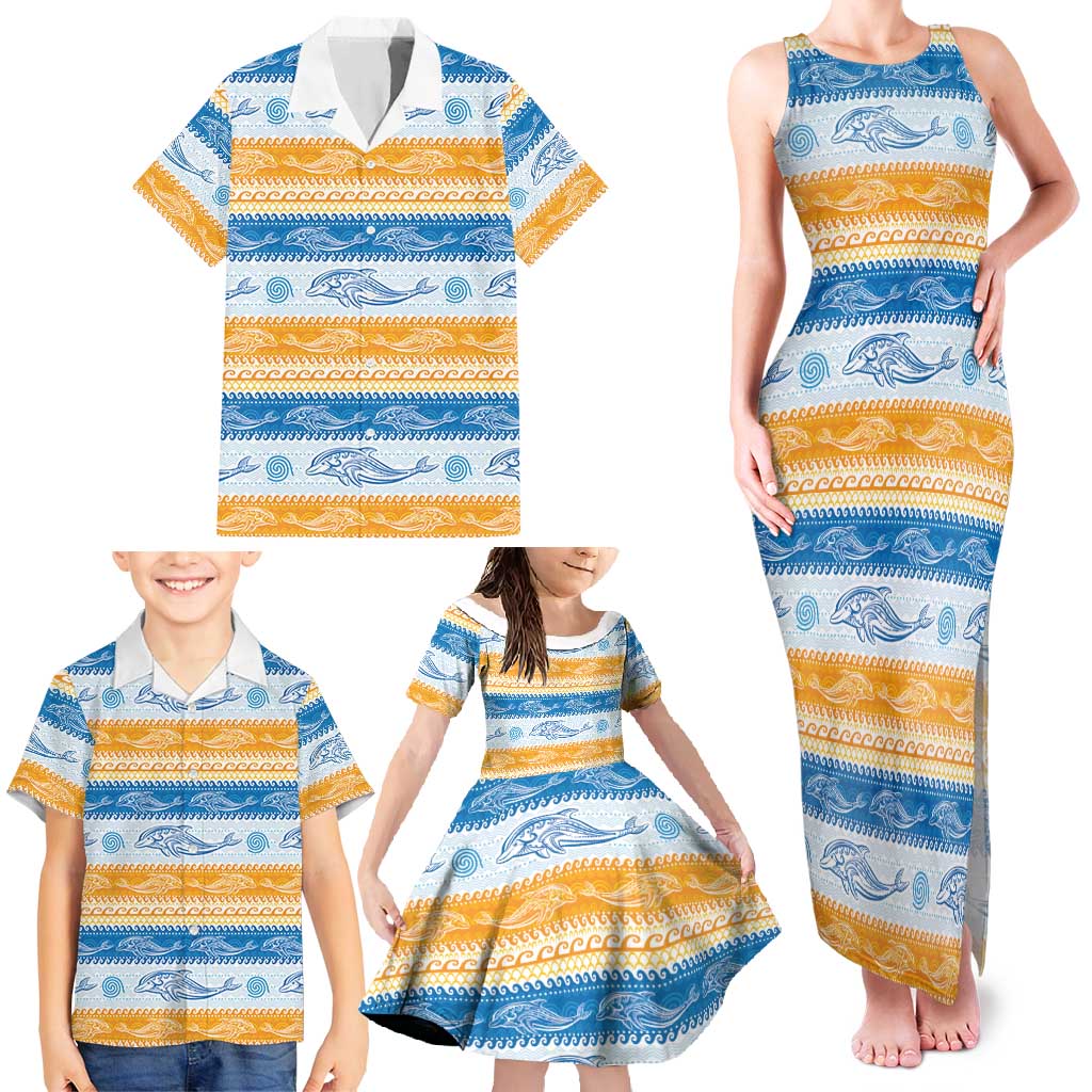 Anguilla Dolphins Pattern Family Matching Tank Maxi Dress and Hawaiian Shirt Orange And Blue