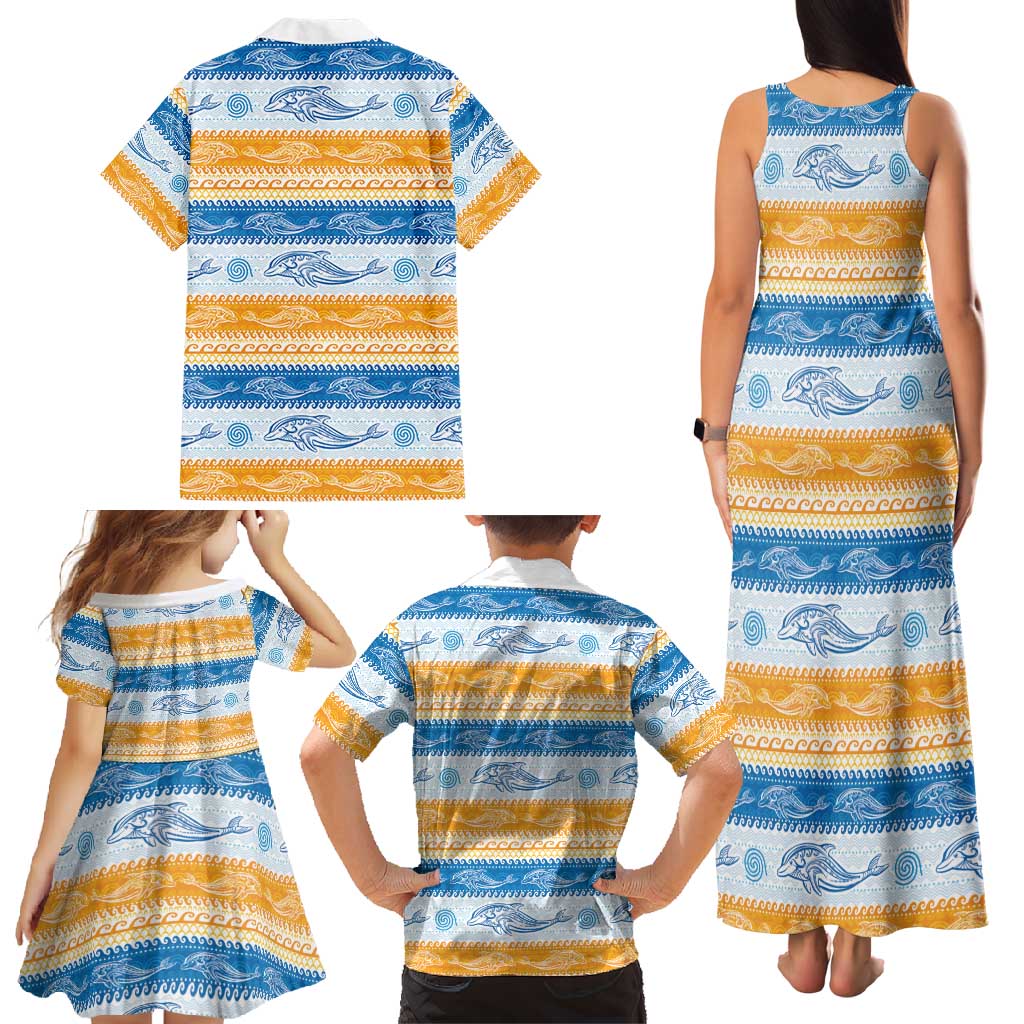 Anguilla Dolphins Pattern Family Matching Tank Maxi Dress and Hawaiian Shirt Orange And Blue