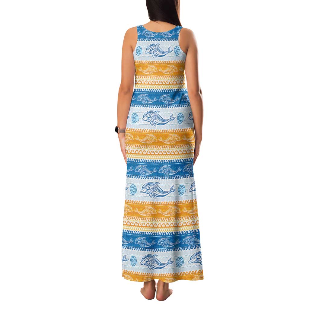Anguilla Dolphins Pattern Family Matching Tank Maxi Dress and Hawaiian Shirt Orange And Blue