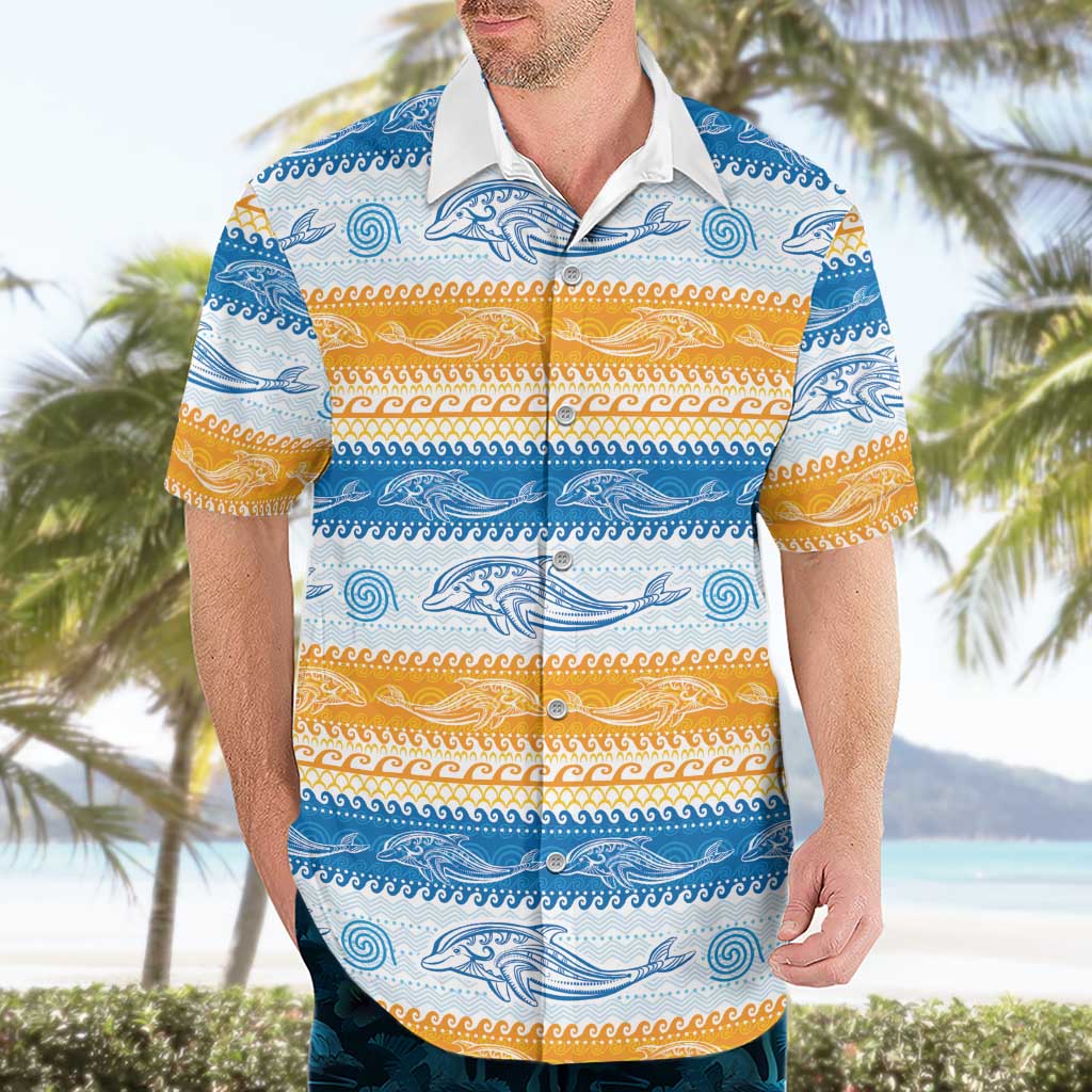 Anguilla Dolphins Pattern Hawaiian Shirt Orange And Blue