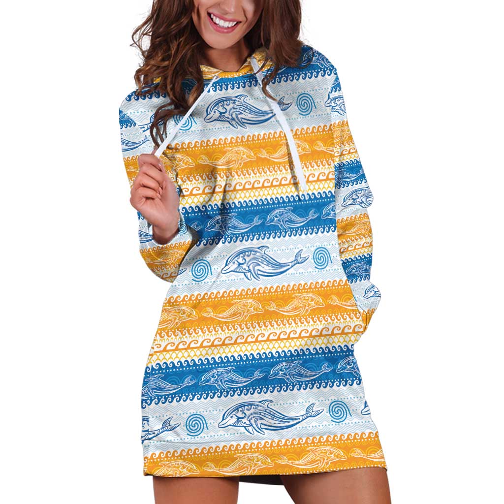 Anguilla Dolphins Pattern Hoodie Dress Orange And Blue