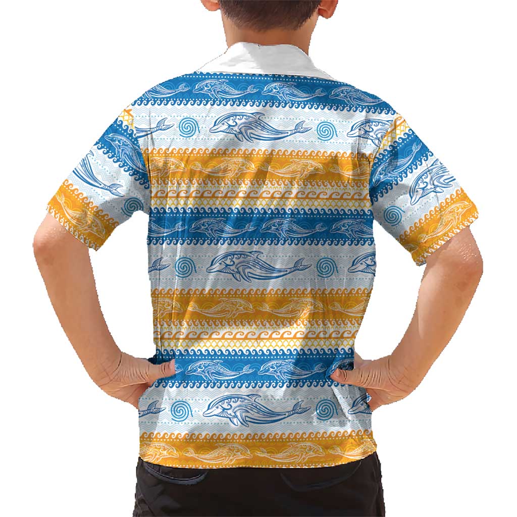 Anguilla Dolphins Pattern Kid Hawaiian Shirt Orange And Blue