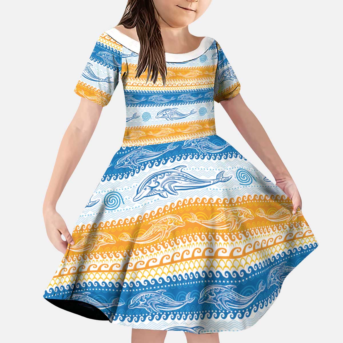 Anguilla Dolphins Pattern Kid Short Sleeve Dress Orange And Blue