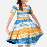 Anguilla Dolphins Pattern Kid Short Sleeve Dress Orange And Blue