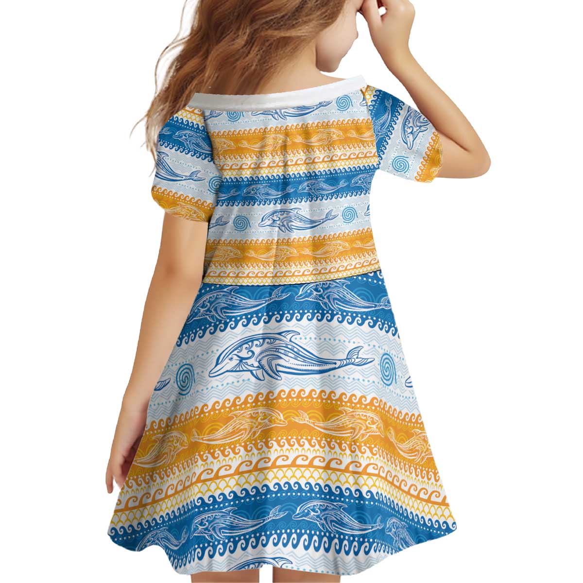 Anguilla Dolphins Pattern Kid Short Sleeve Dress Orange And Blue