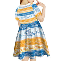 Anguilla Dolphins Pattern Kid Short Sleeve Dress Orange And Blue