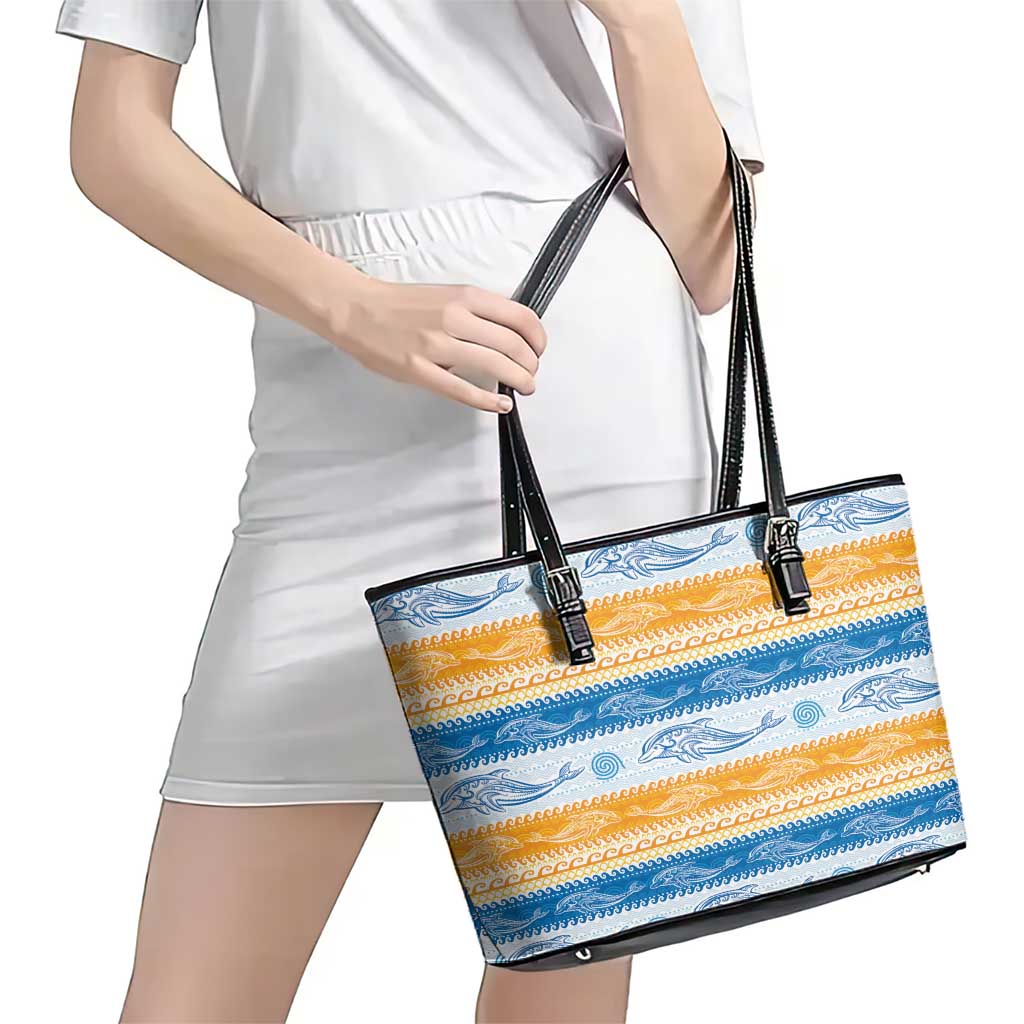 Anguilla Dolphins Pattern Leather Tote Bag Orange And Blue