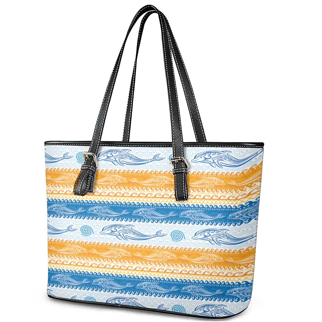 Anguilla Dolphins Pattern Leather Tote Bag Orange And Blue