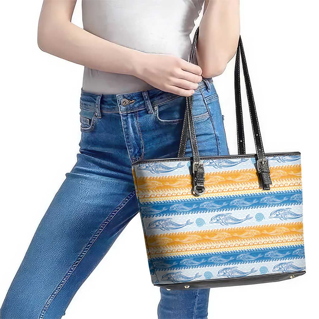Anguilla Dolphins Pattern Leather Tote Bag Orange And Blue