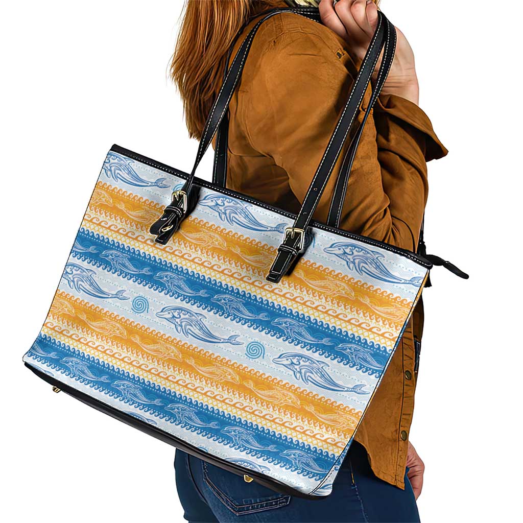 Anguilla Dolphins Pattern Leather Tote Bag Orange And Blue