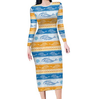 Anguilla Dolphins Pattern Long Sleeve Bodycon Dress Orange And Blue