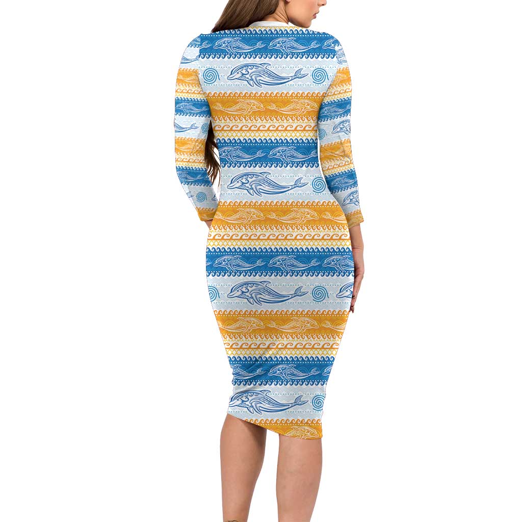 Anguilla Dolphins Pattern Long Sleeve Bodycon Dress Orange And Blue