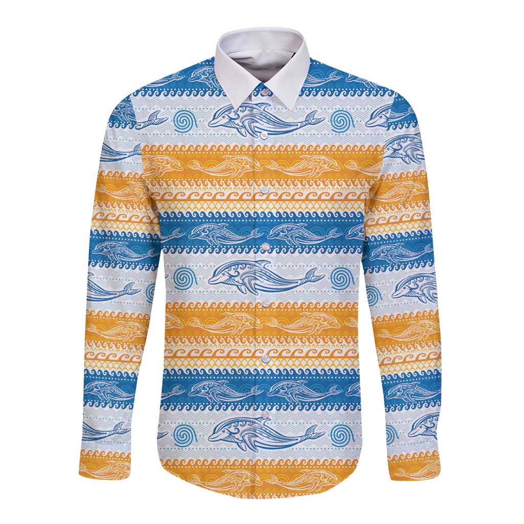 Anguilla Dolphins Pattern Long Sleeve Button Shirt Orange And Blue