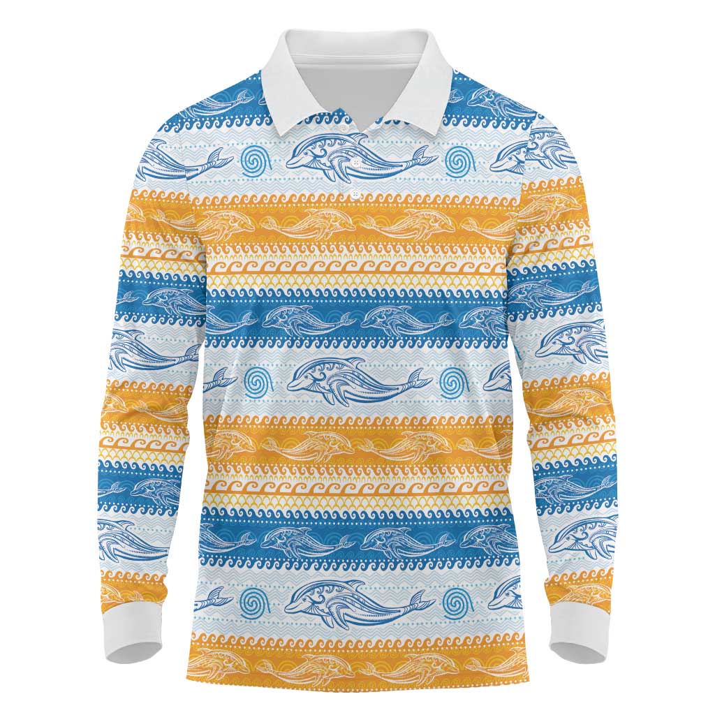 Anguilla Dolphins Pattern Long Sleeve Polo Shirt Orange And Blue