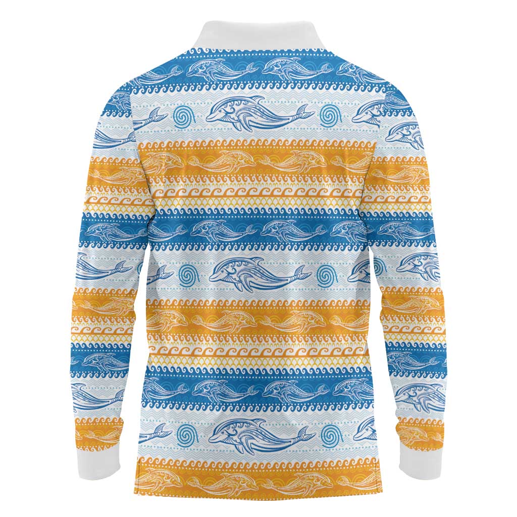 Anguilla Dolphins Pattern Long Sleeve Polo Shirt Orange And Blue
