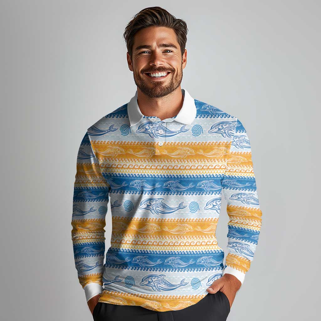 Anguilla Dolphins Pattern Long Sleeve Polo Shirt Orange And Blue