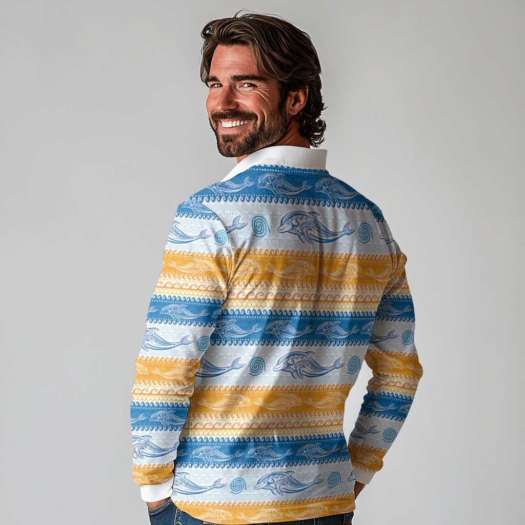 Anguilla Dolphins Pattern Long Sleeve Polo Shirt Orange And Blue
