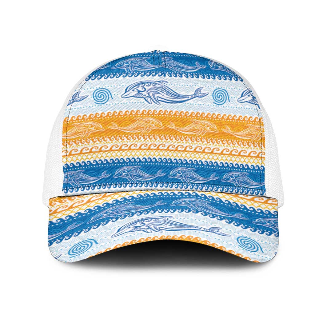 Anguilla Dolphins Pattern Mesh Trucker Cap Orange And Blue - Wonder Print Shop