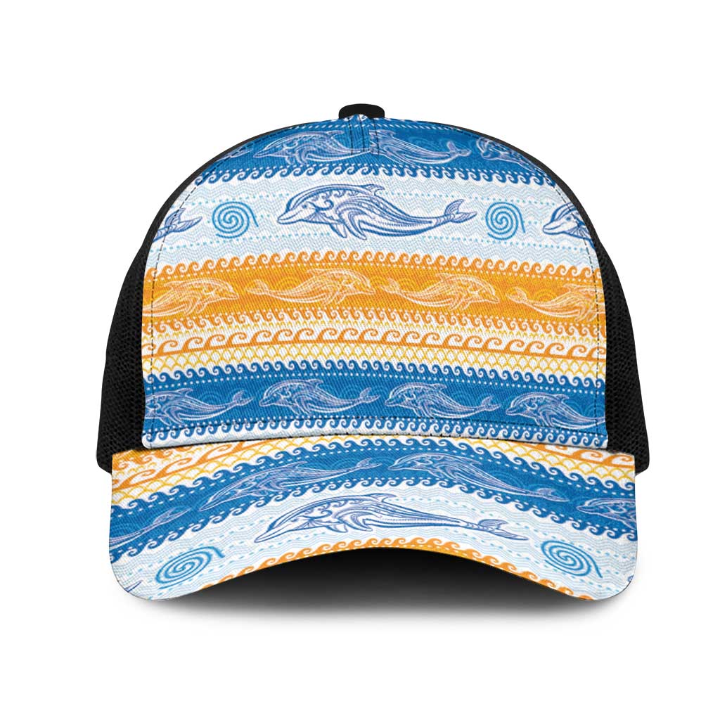Anguilla Dolphins Pattern Mesh Trucker Cap Orange And Blue - Wonder Print Shop
