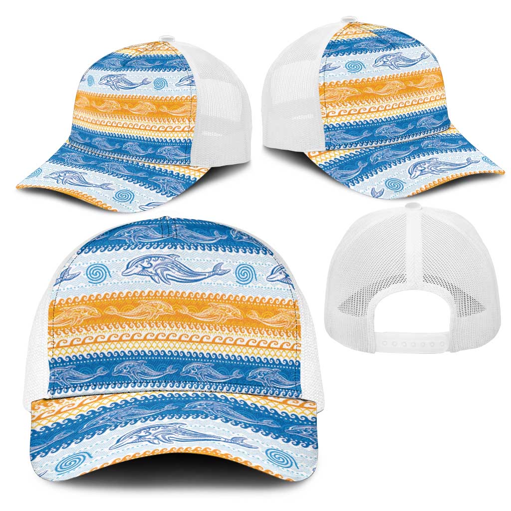 Anguilla Dolphins Pattern Mesh Trucker Cap Orange And Blue - Wonder Print Shop