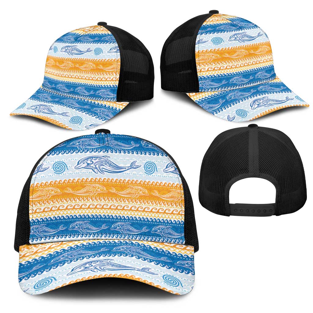 Anguilla Dolphins Pattern Mesh Trucker Cap Orange And Blue - Wonder Print Shop