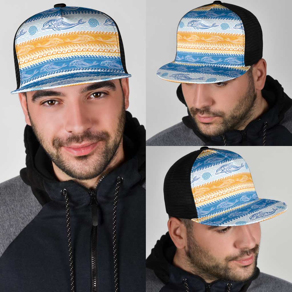 Anguilla Dolphins Pattern Mesh Trucker Cap Orange And Blue - Wonder Print Shop