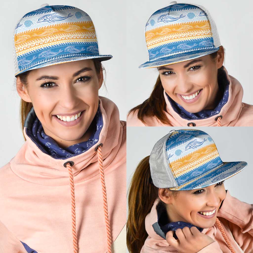 Anguilla Dolphins Pattern Mesh Trucker Cap Orange And Blue - Wonder Print Shop