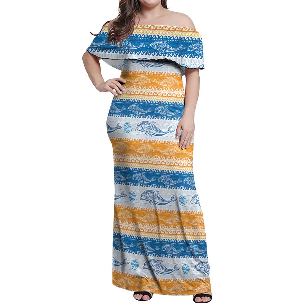 Anguilla Dolphins Pattern Off Shoulder Maxi Dress Orange And Blue