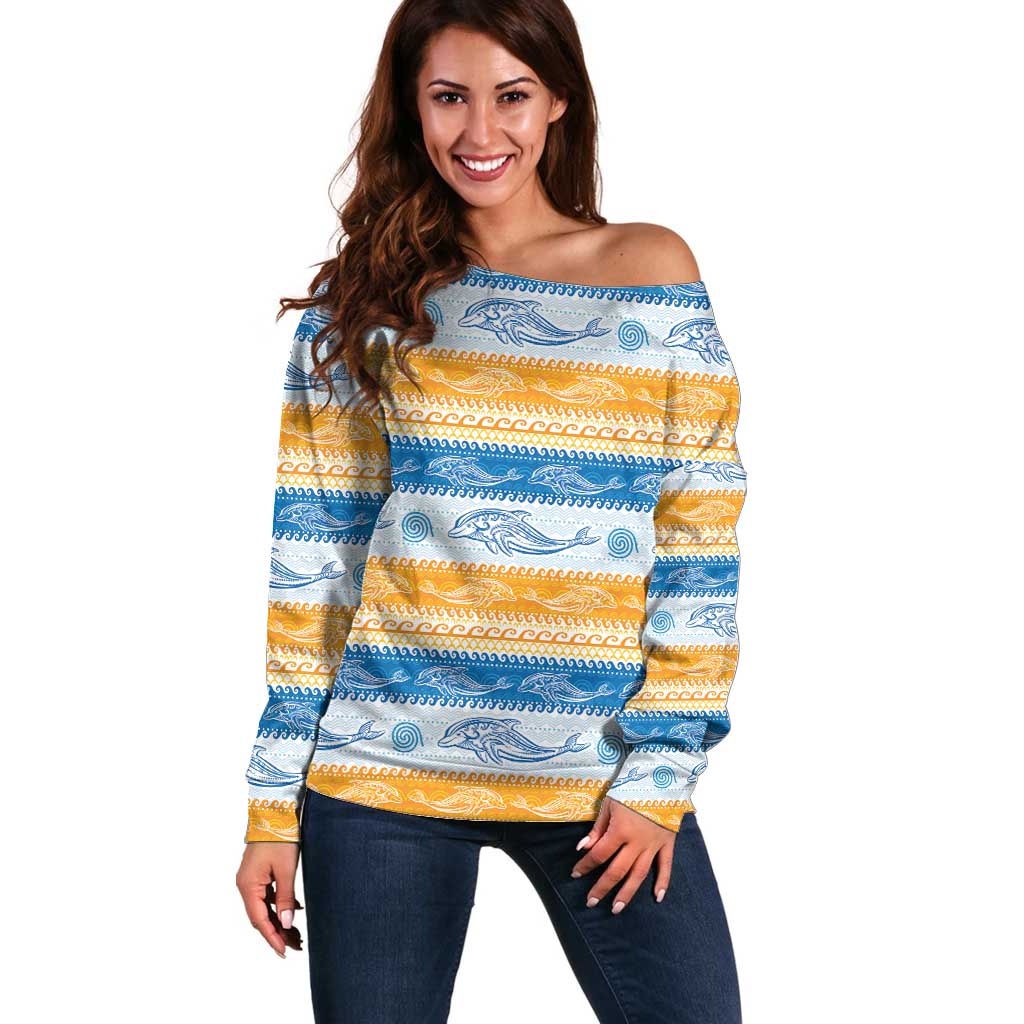 Anguilla Dolphins Pattern Off Shoulder Sweater Orange And Blue