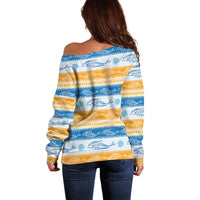 Anguilla Dolphins Pattern Off Shoulder Sweater Orange And Blue
