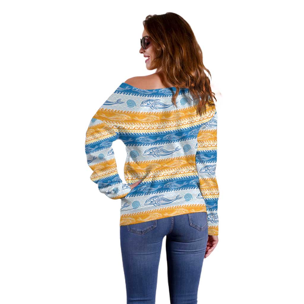 Anguilla Dolphins Pattern Off Shoulder Sweater Orange And Blue