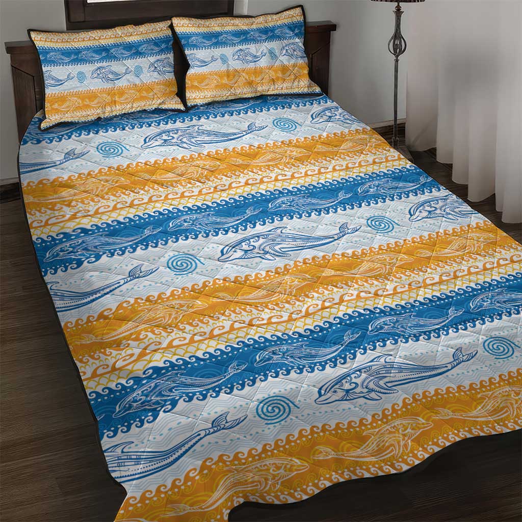 Anguilla Dolphins Pattern Quilt Bed Set Orange And Blue