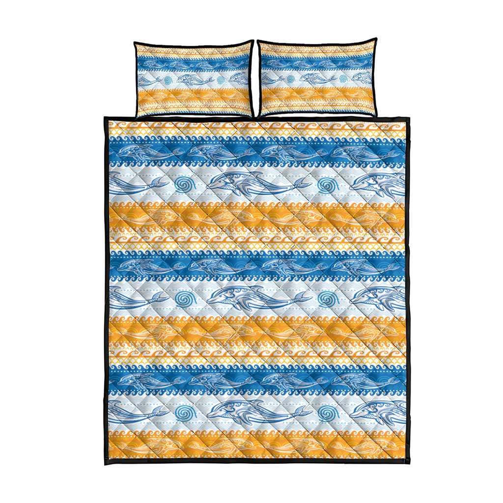 Anguilla Dolphins Pattern Quilt Bed Set Orange And Blue