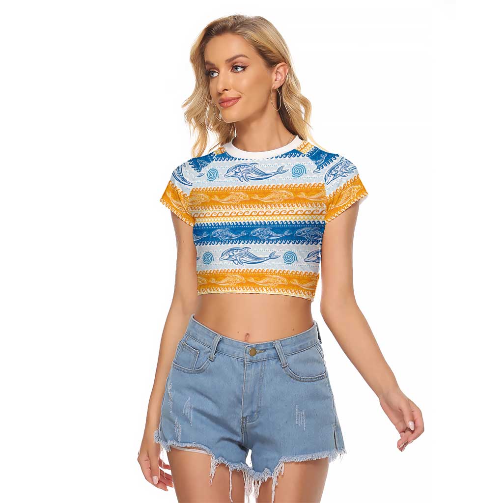 Anguilla Dolphins Pattern Raglan Cropped T Shirt Orange And Blue