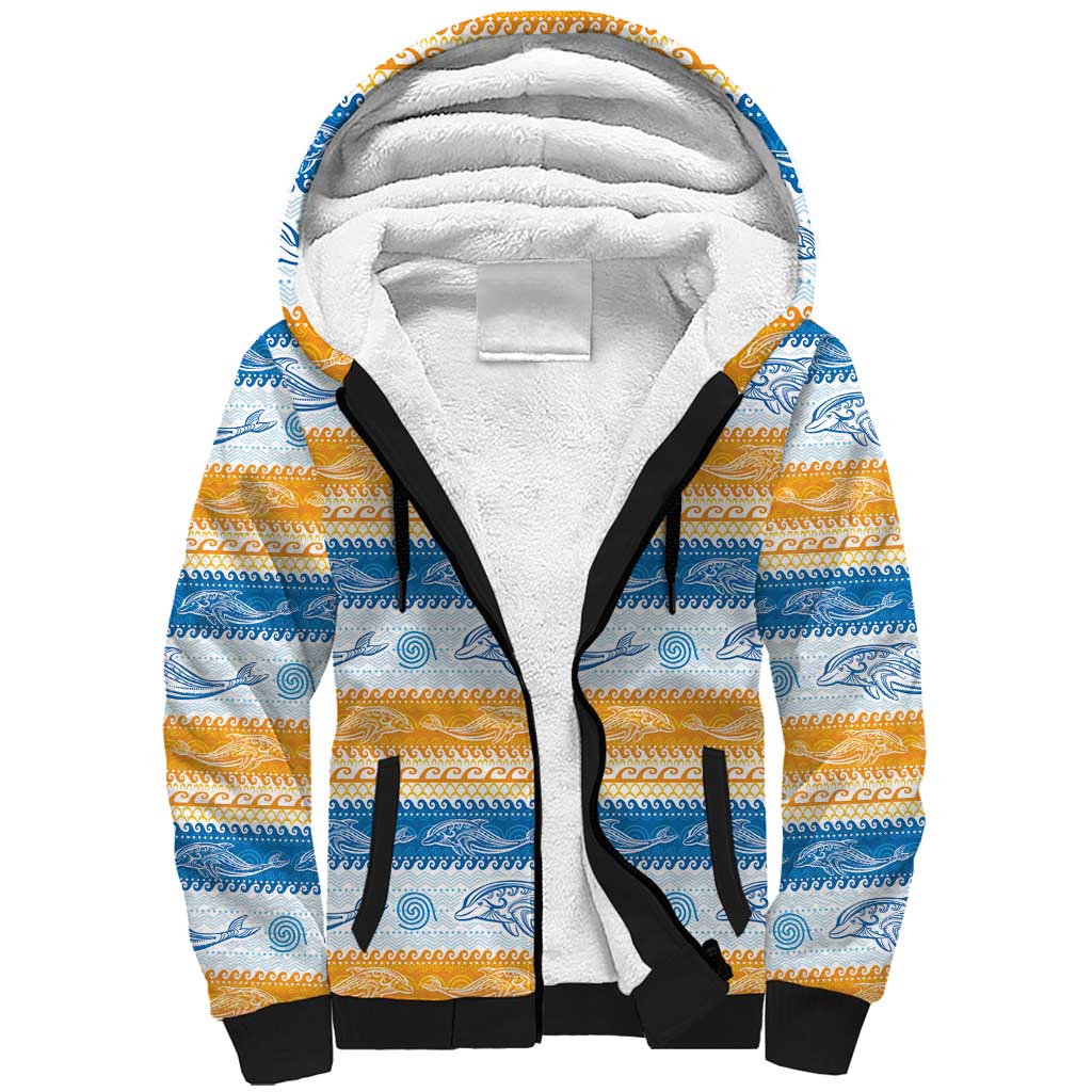 Anguilla Dolphins Pattern Sherpa Hoodie Orange And Blue